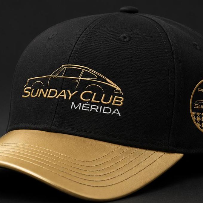 Gorra negra con visera dorada y logotipo bordado